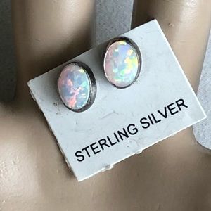 Sterling Silver Oval Lab Fire Opal Stud Earrings